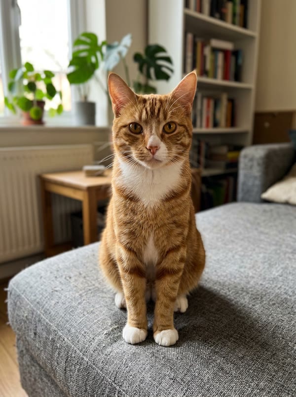 AI-generated photo of a ginger cat sitting on a sofa