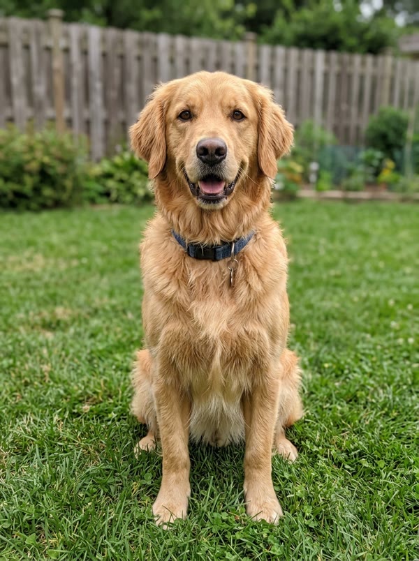 AI-generated photo of a golden retriever sitting on a lawn